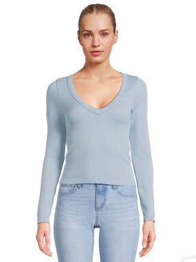 NEW No Boundaries Light Blue V-Neck Ribbed Long Sleeve Top